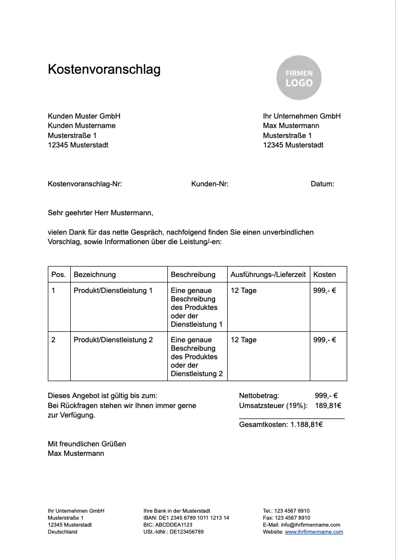 Kostenvoranschlag Muster Vorschau